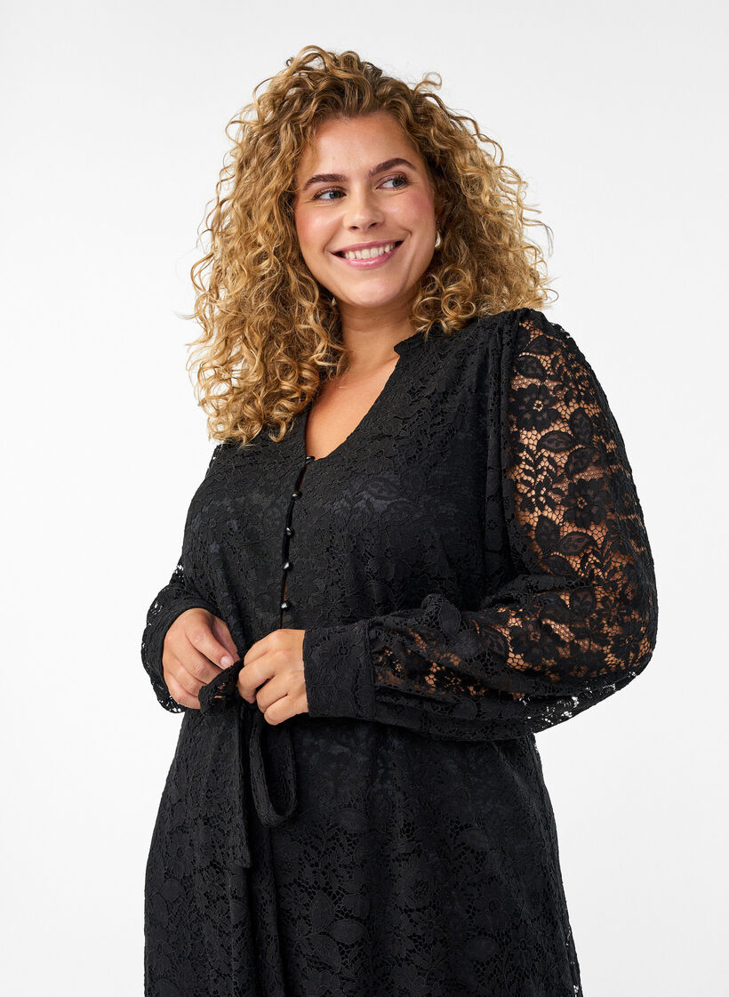 Kanten jurk met lange mouwen en een strikceintuur, Black, Model