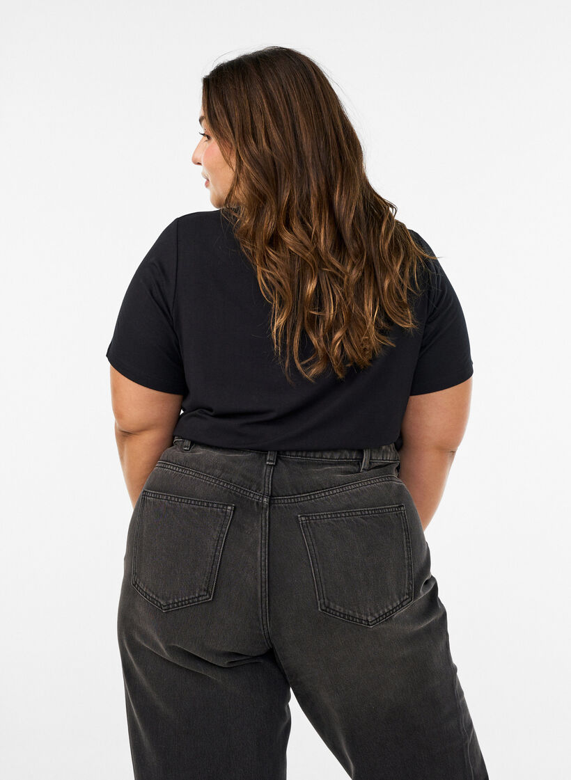 Viscose T-shirt met strassteentjes, Zwart, Model image number 2