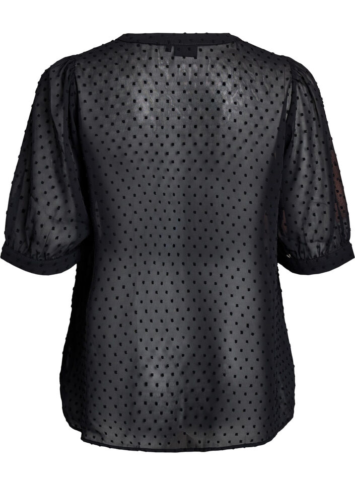 Blouse met korte mouwen en een gestippelde textuur, Zwart, Packshot image number 1