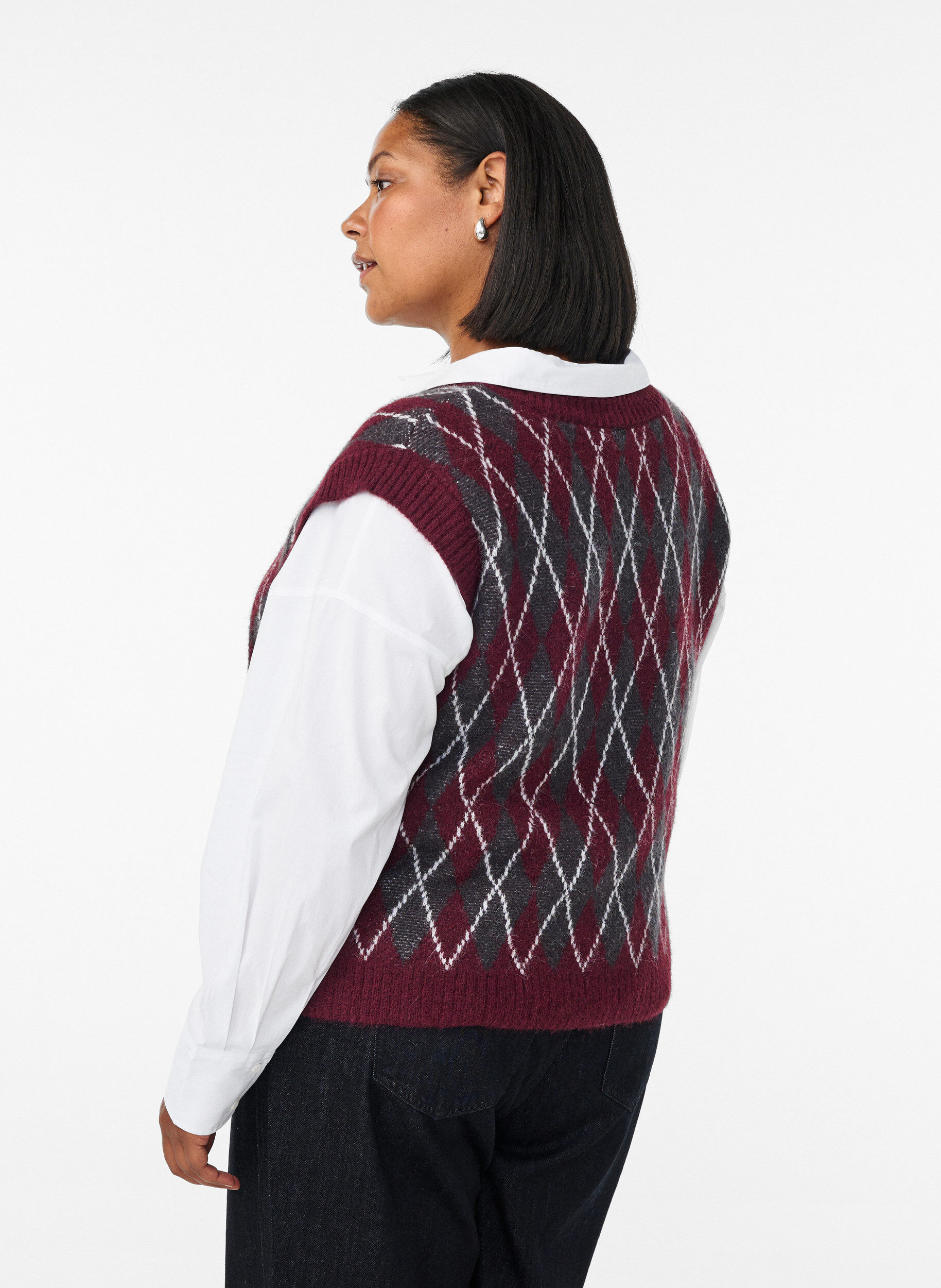 ZizziGebreid vest met een V-hals en argyle patroon, Rood, Model image number 2