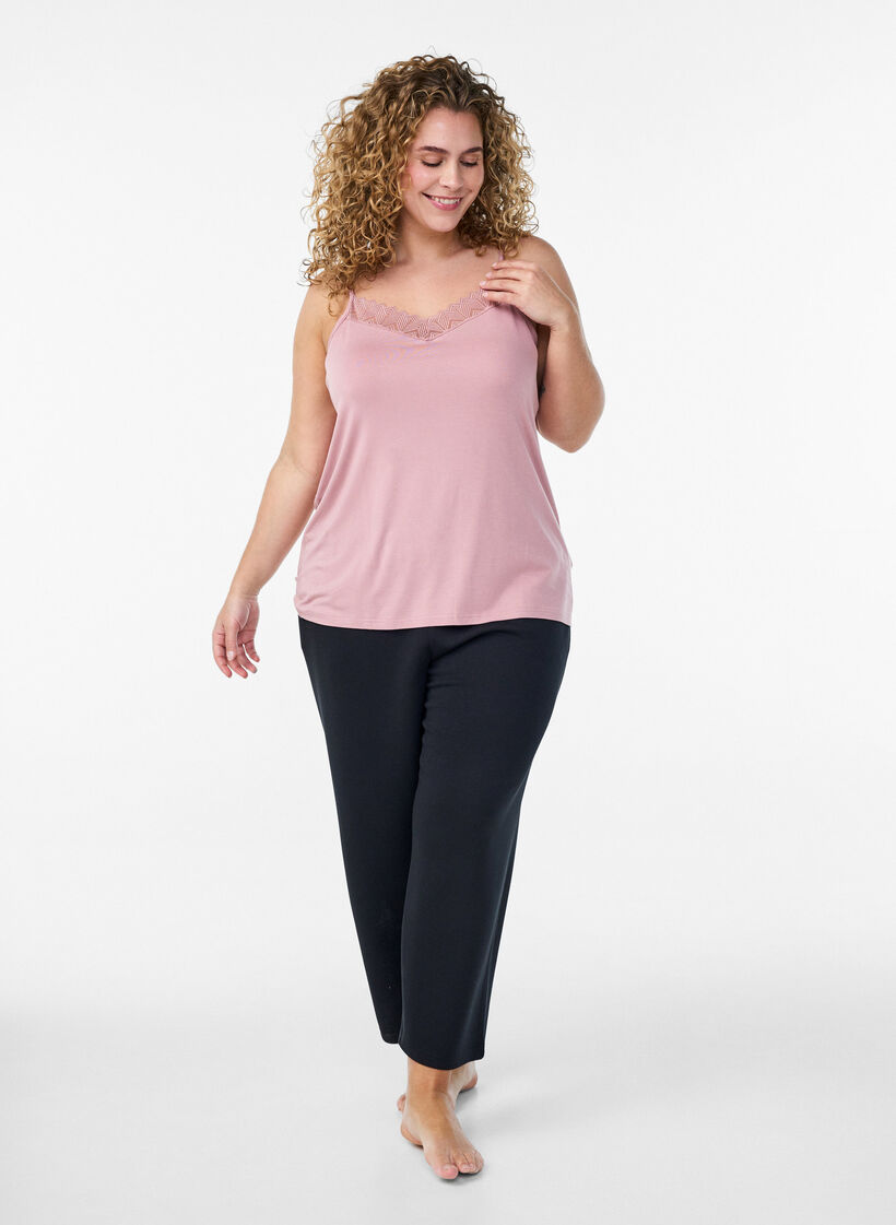 Top met kantdetail en spaghettibandjes, Roze, Model image number 1