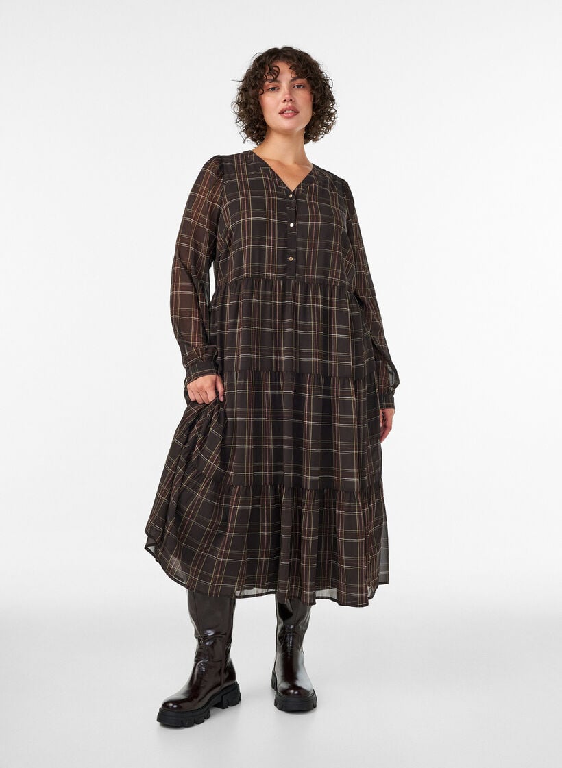 Gecontroleerde midi-jurk met een rok in lagen, Bruin, Model image number 0