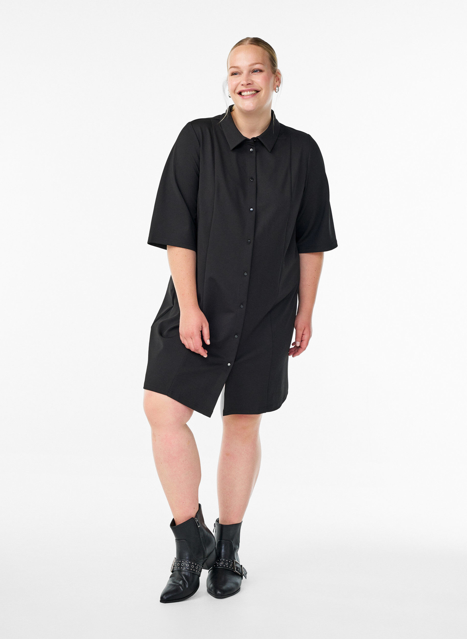 ZizziKorte overhemdjurk met 3/4 mouwen, Zwart, Model image number 1