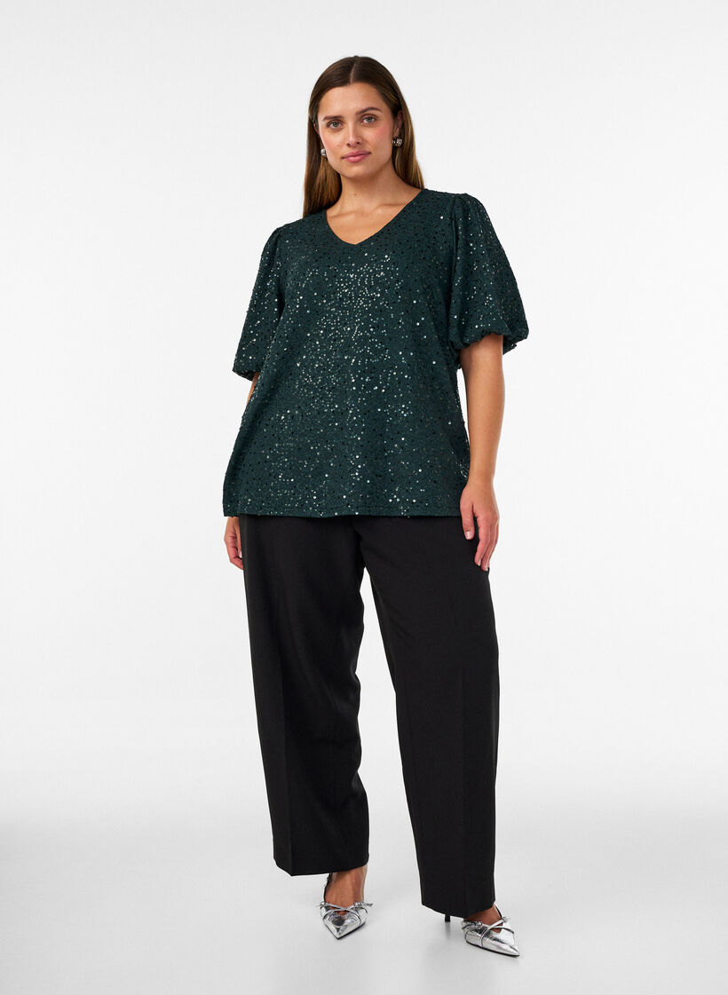 Blouse met pailletten en ballonmouwen, Groen, Model image number 1