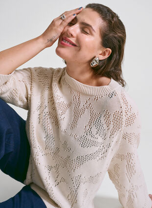 ZizziGebreide blouse met een opengewerkt patroon en 3/4 mouwen, Birch, Image image number 0