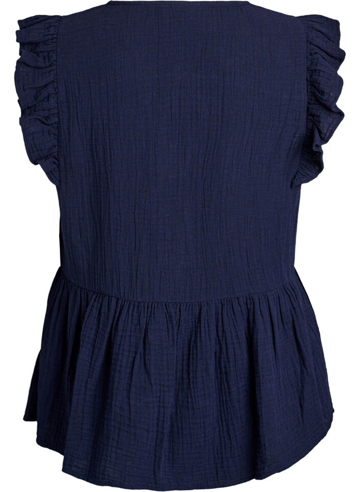 Mouwloze blouse van katoen mousseline met ruches, Blauw, Packshot image number 1