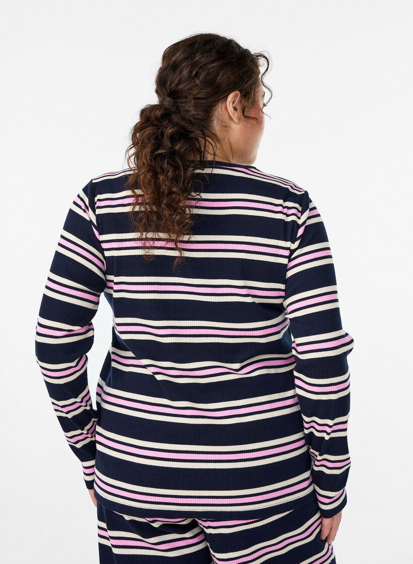 Nachtbovenstuk met lange mouwen in geribde jersey met strepen, Blauw, Model image number 2