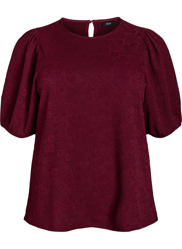 Gestructureerde blouse met korte mouwen, Donker Bordeaux, Packshot image number 0