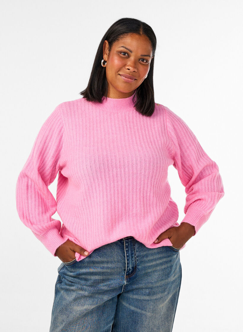 Geribde trui met pofmouwen en knopen, Roze, Model image number 0