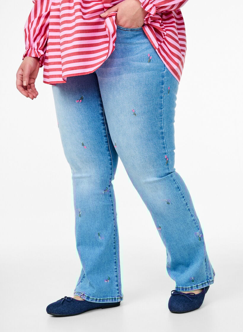 Bootcut jeans met geborduurde bloemen, Blauw, Model image number 2