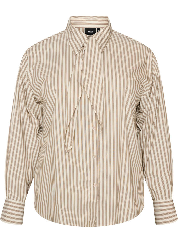 Gestreept overhemd met afneembare strik aan de hals, Beige, Packshot image number 0