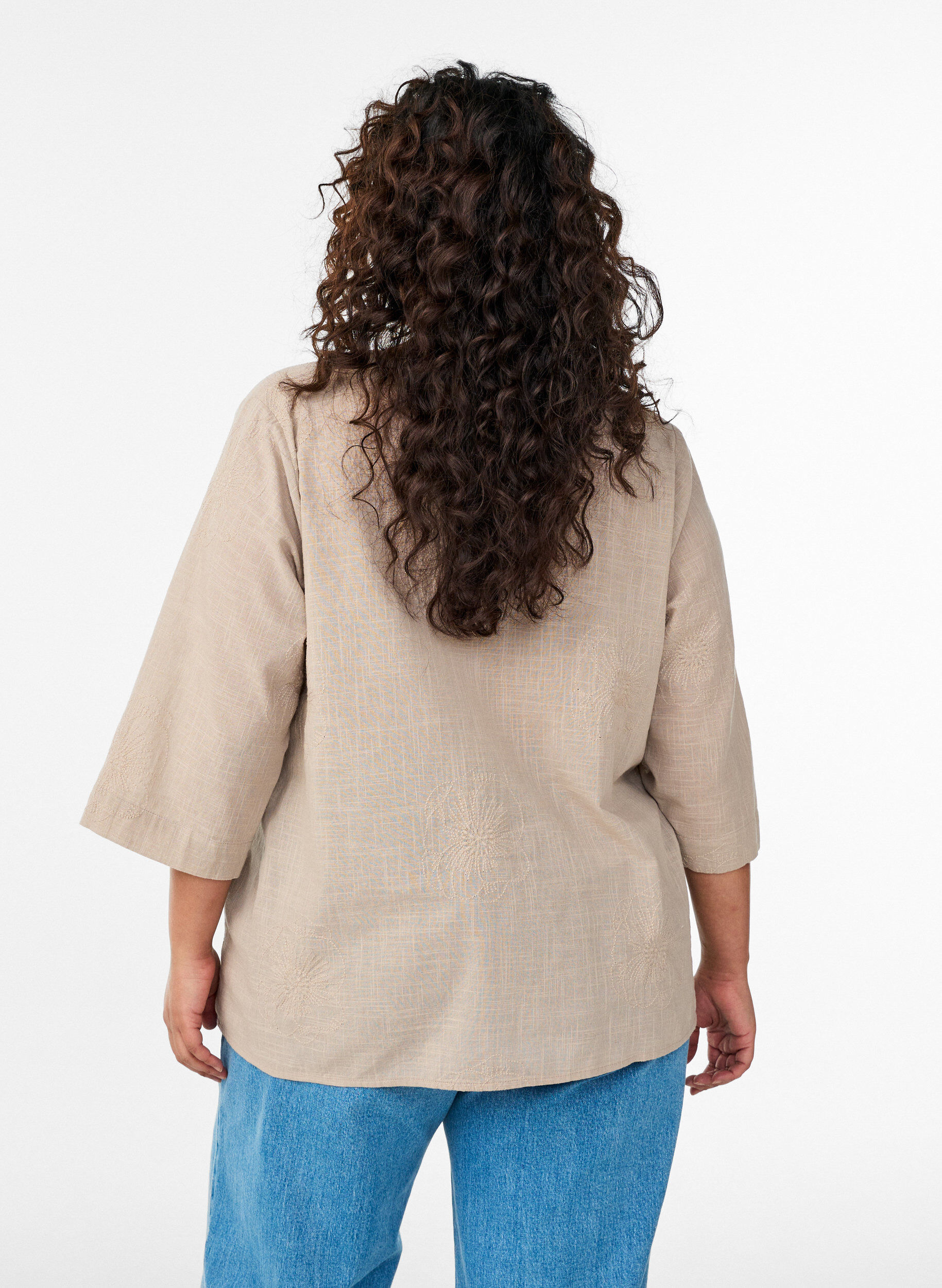 ZizziKatoenen blouse met geborduurde details en 3/4 mouwen, Beige, Model image number 2