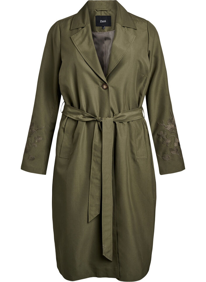 Lange trenchcoat met borduursels, Groen, Packshot image number 0