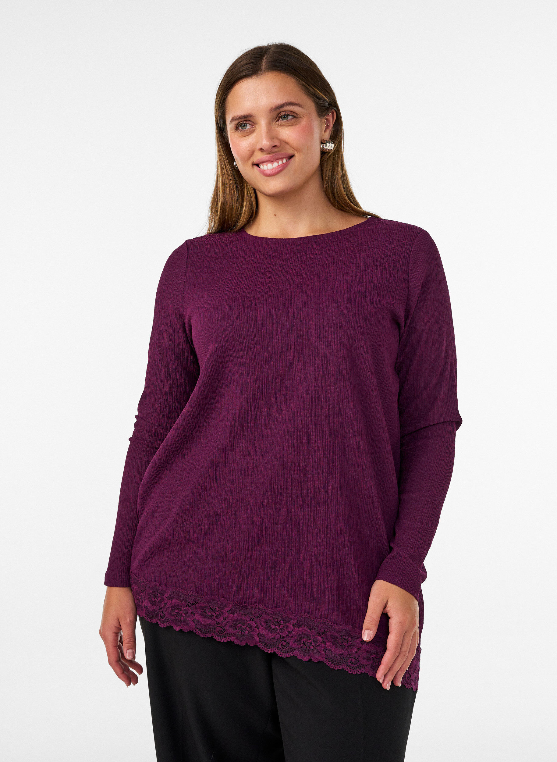 Jersey blouse met asymmetrische kanten rand, Paars, Model