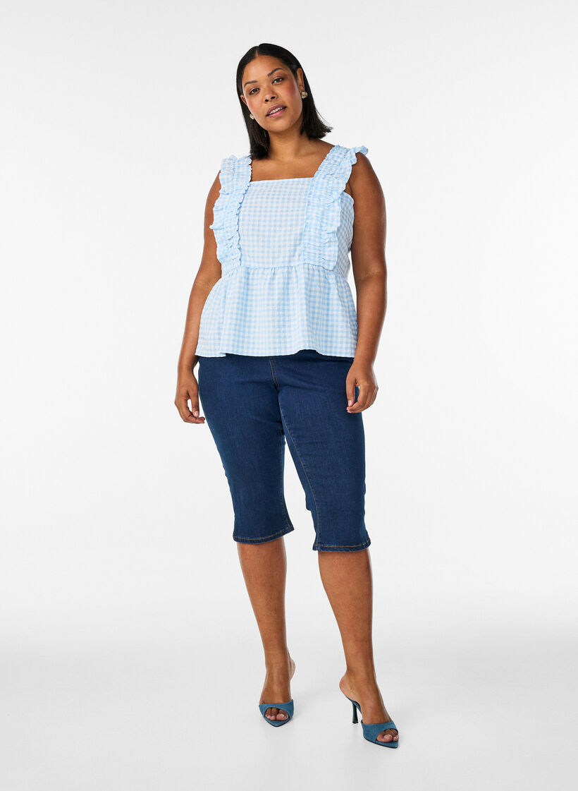 Top met ruitjes en ruchesdetails, Blauw, Model image number 1