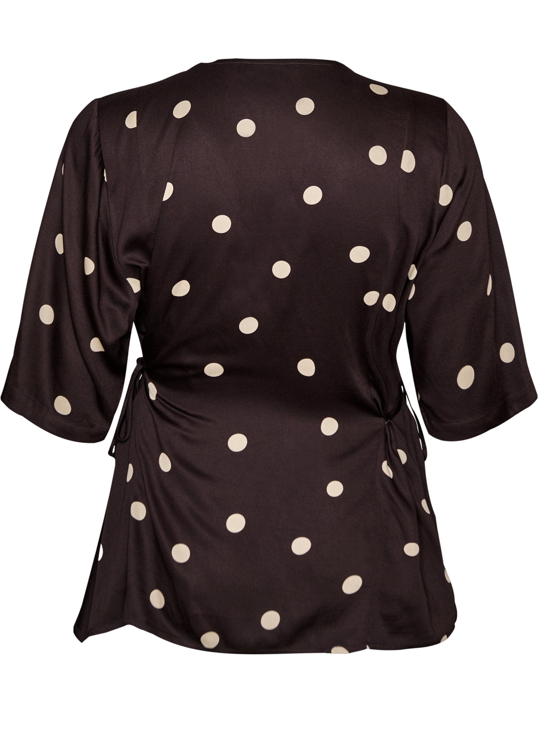 ZizziPolkadot viscose blouse met V-hals en striksluiting, Bruin, Packshot image number 1