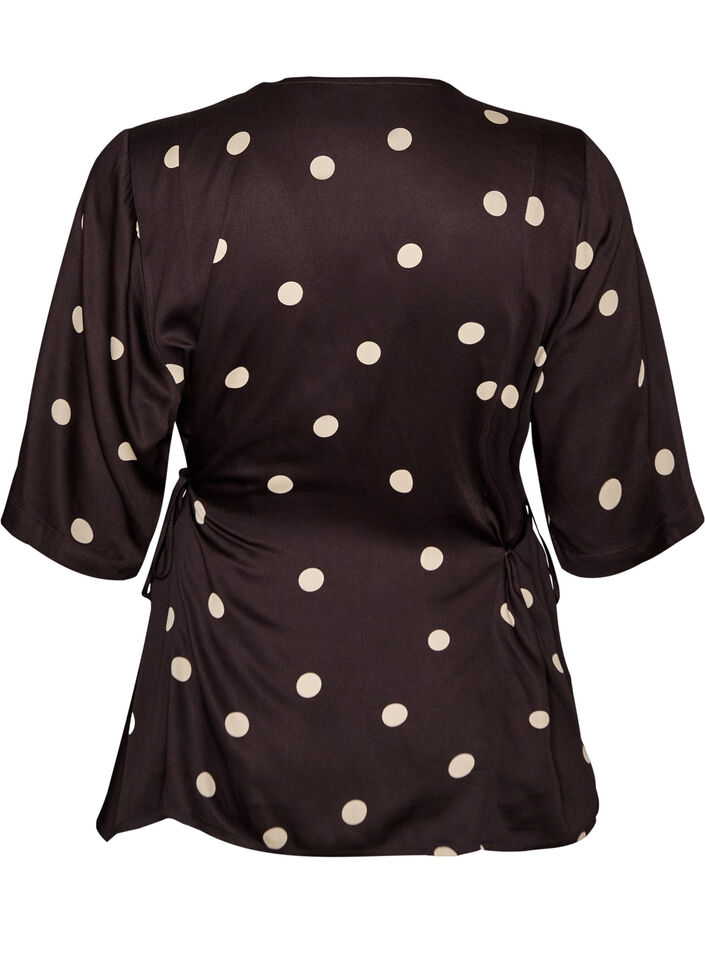 Polkadot viscose blouse met V-hals en striksluiting, Bruin, Packshot image number 1