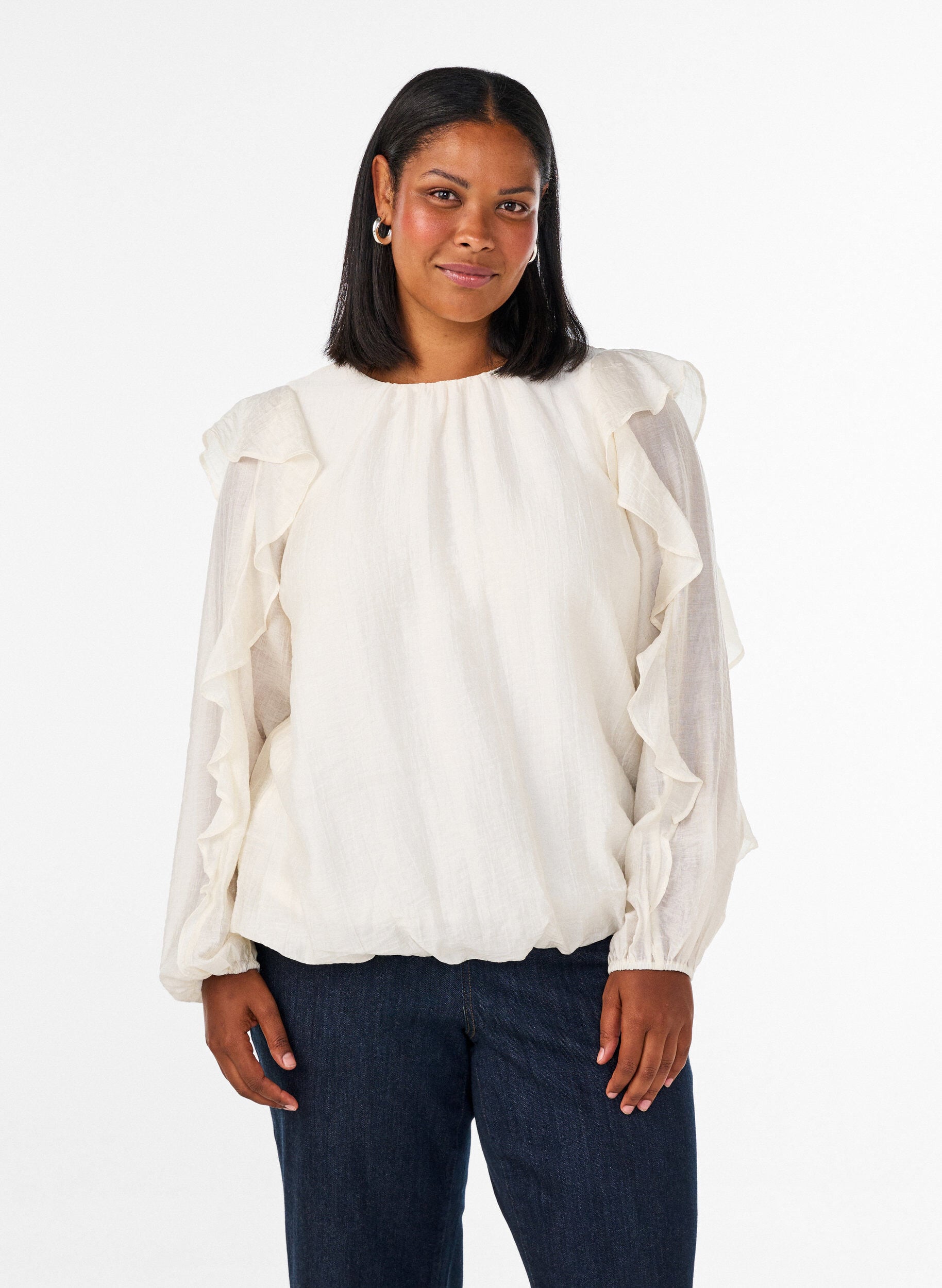 Blouse met ruches en ballonvorm, Vanille, Model