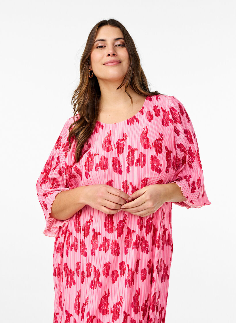 Geplooide jurk met 3/4 mouwen, Rose Flower, Model