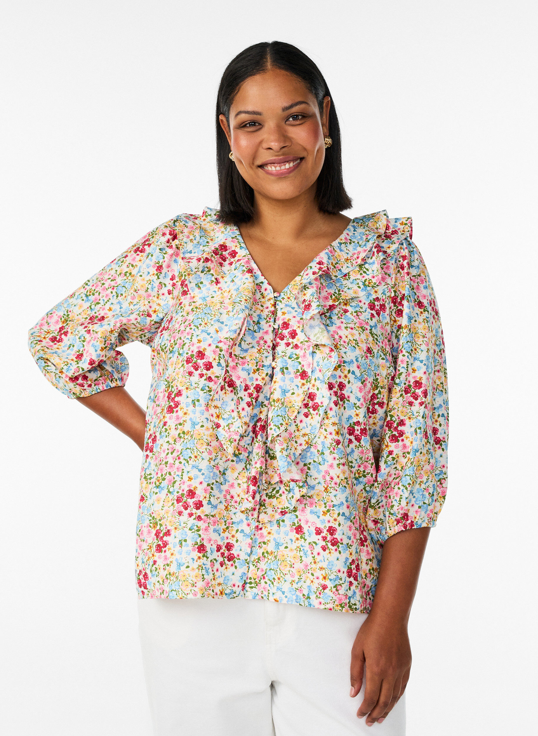 Viscose blouse met bloemenprint en 3/4 mouwen, Blauw, Model