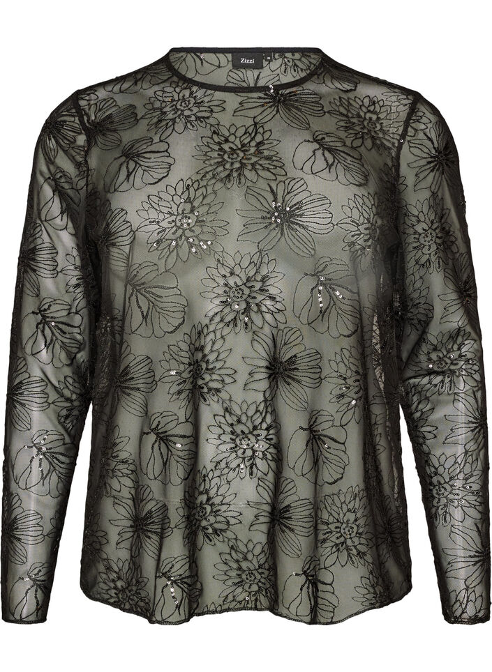 Mesh blouse met bloemen en pailletten, Zwart, Packshot image number 0