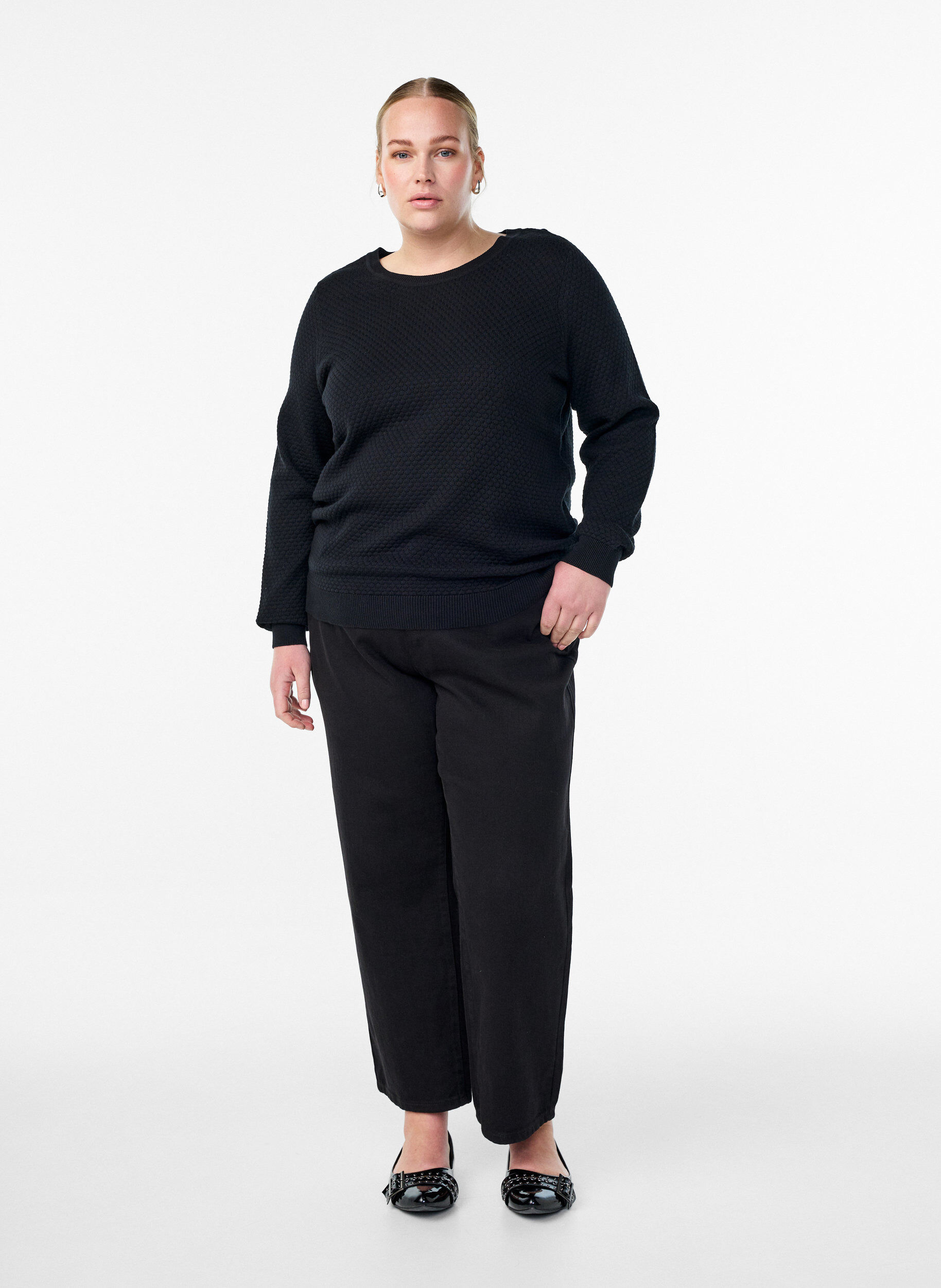 ZizziGebreide blouse van katoen met structuurpatroon, Zwart, Model image number 1