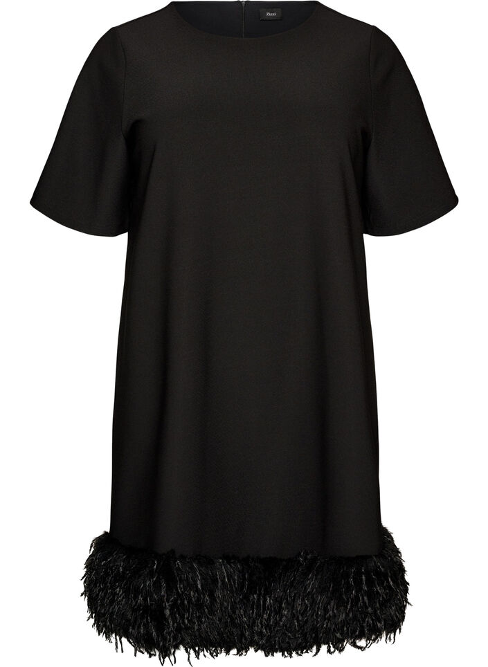 Korte jersey jurk met verenkant, Zwart, Packshot image number 0