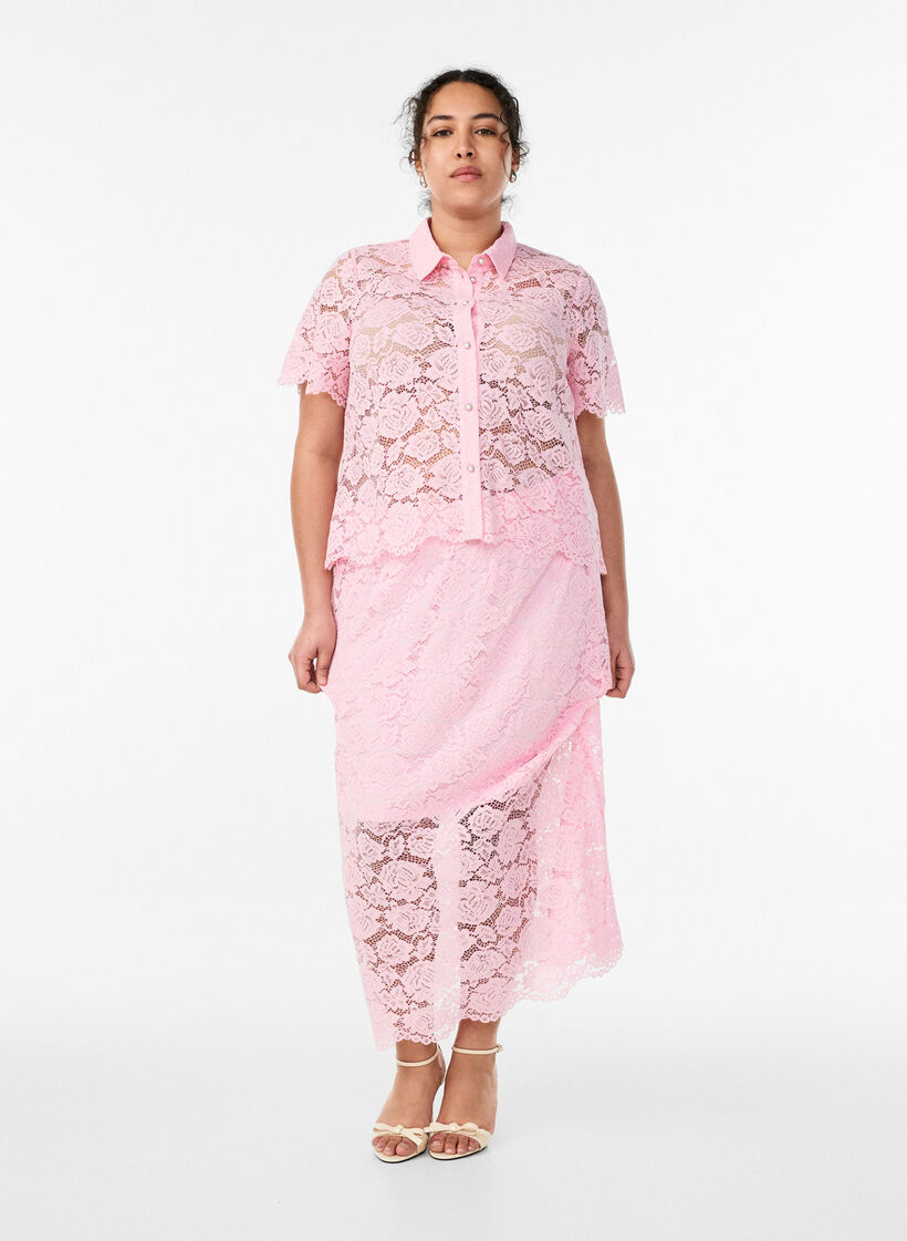 Kanten shirt blouse met parelknopen, Roze, Model image number 1