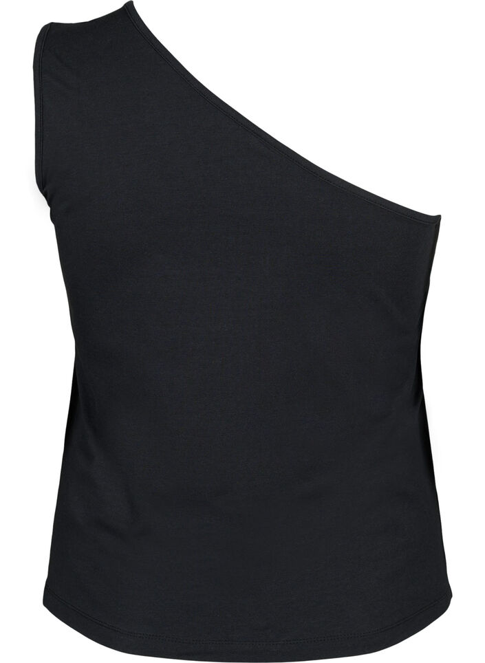 Topje met &eacute;&eacute;n blote schouder met roos, Black, Packshot image number 1