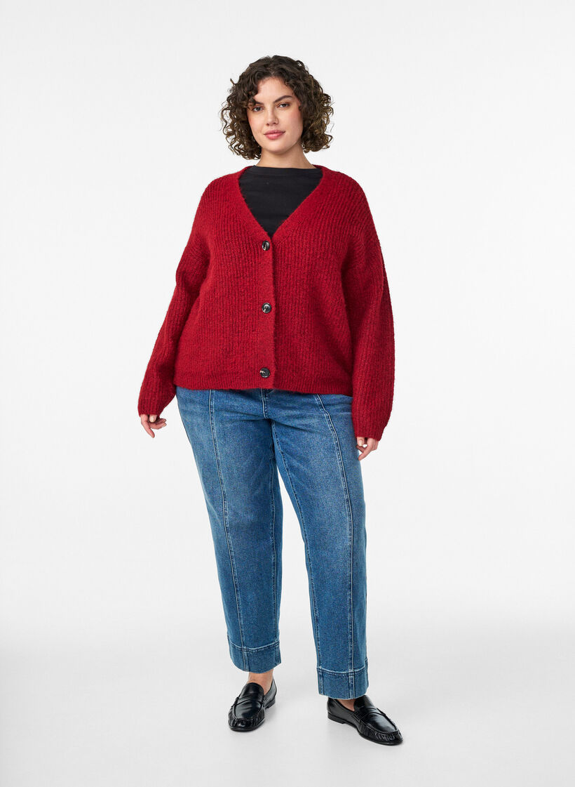 V-hals cardigan van breisel, Rood, Model image number 1