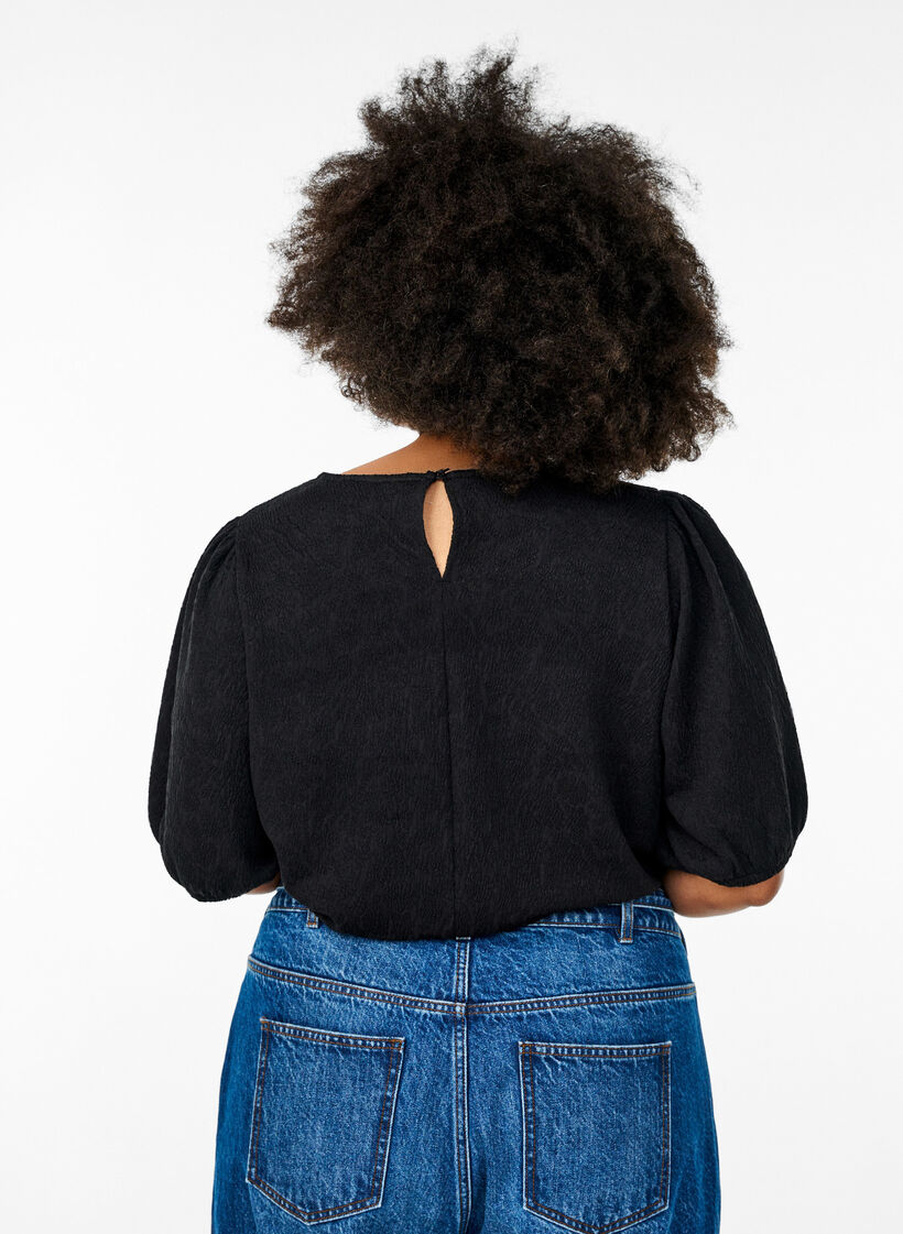 Gestructureerde blouse met korte mouwen, Zwart, Model image number 2