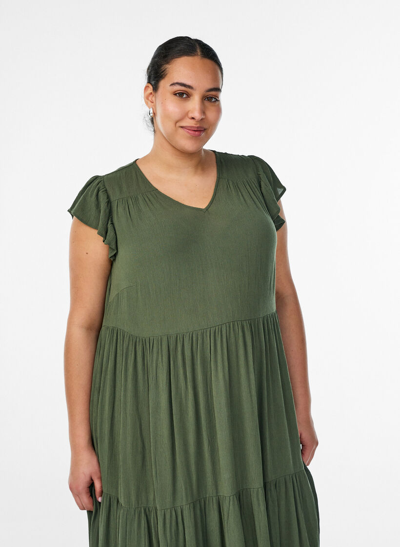 Midi jurk van viscose met ruches mouwen, Groen, Model