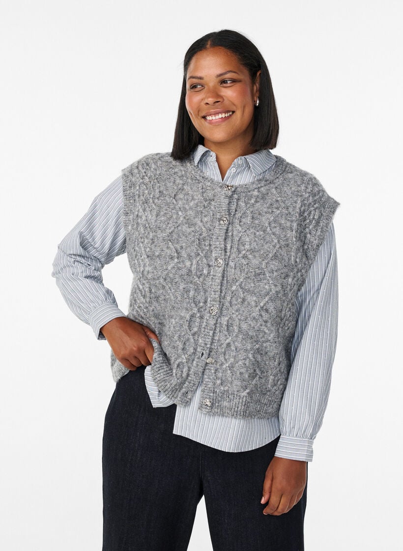Gebreid vest met patroon en decoratieve knopen, Medium Grey Melange, Model