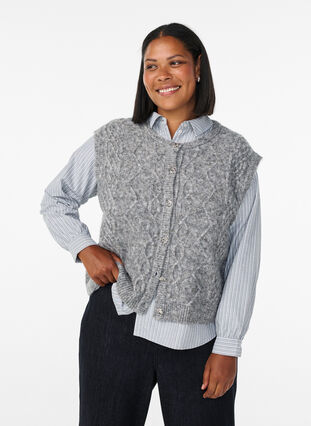 ZizziGebreid vest met patroon en decoratieve knopen, Medium Grey Melange, Model image number 0