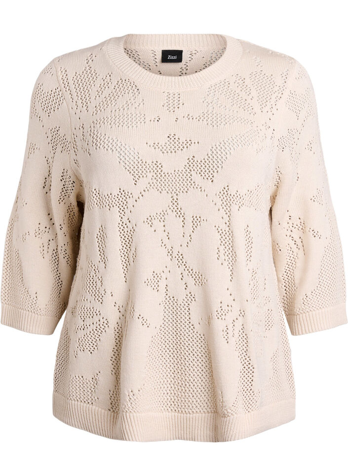 Gebreide blouse met een opengewerkt patroon en 3/4 mouwen, Birch, Packshot