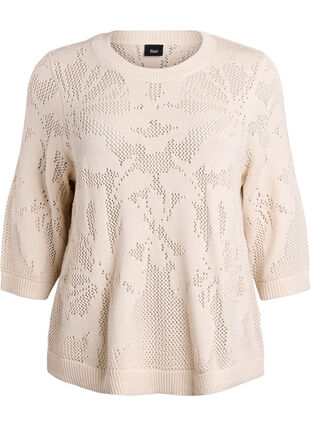 ZizziGebreide blouse met een opengewerkt patroon en 3/4 mouwen, Birch, Packshot image number 0