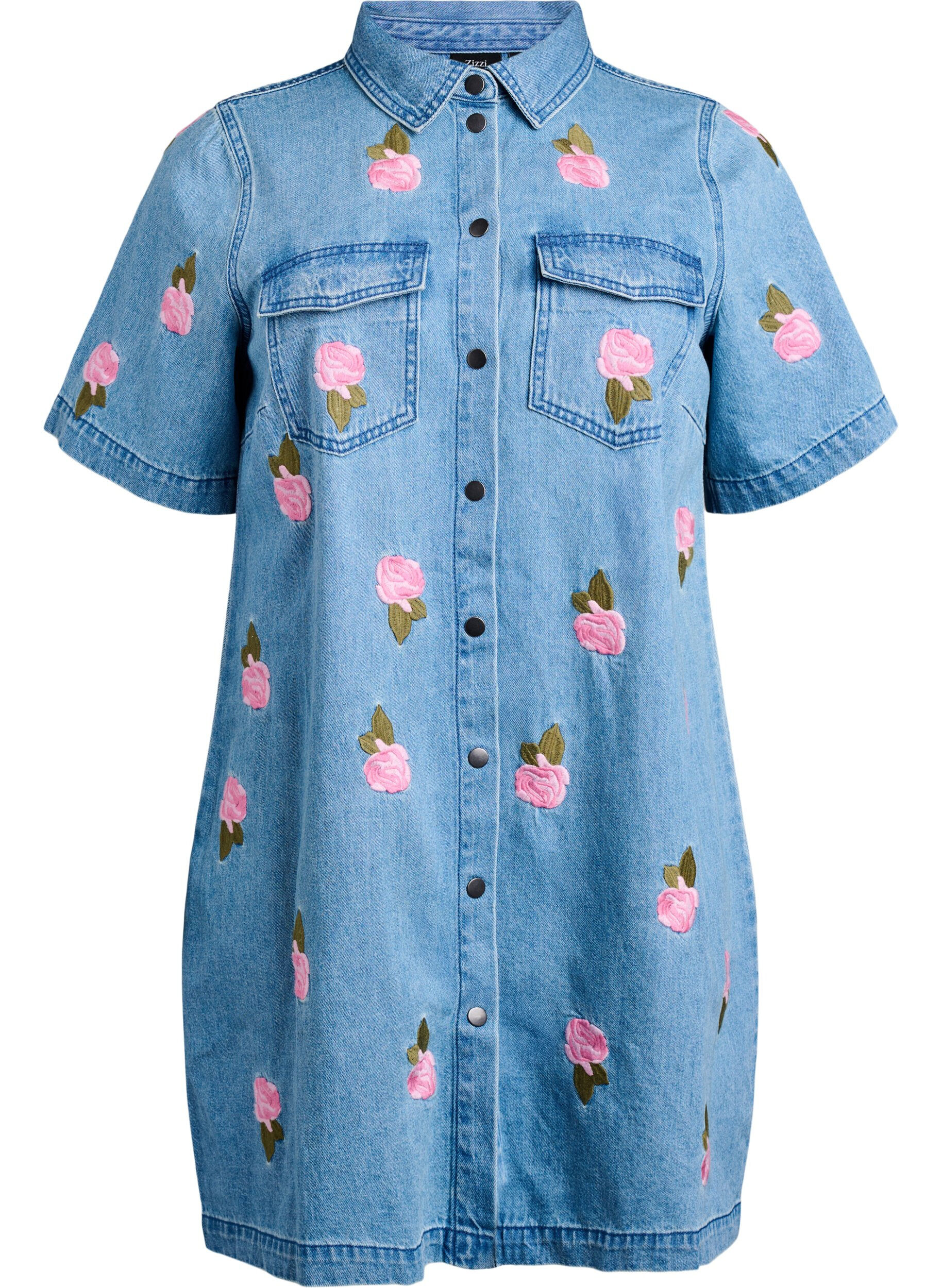 Korte denim jurk met geborduurde bloemen
