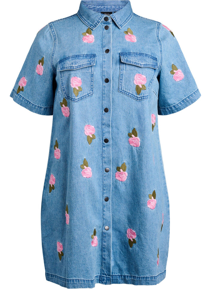 Korte denim jurk met geborduurde bloemen, LBD w. Flower, Packshot