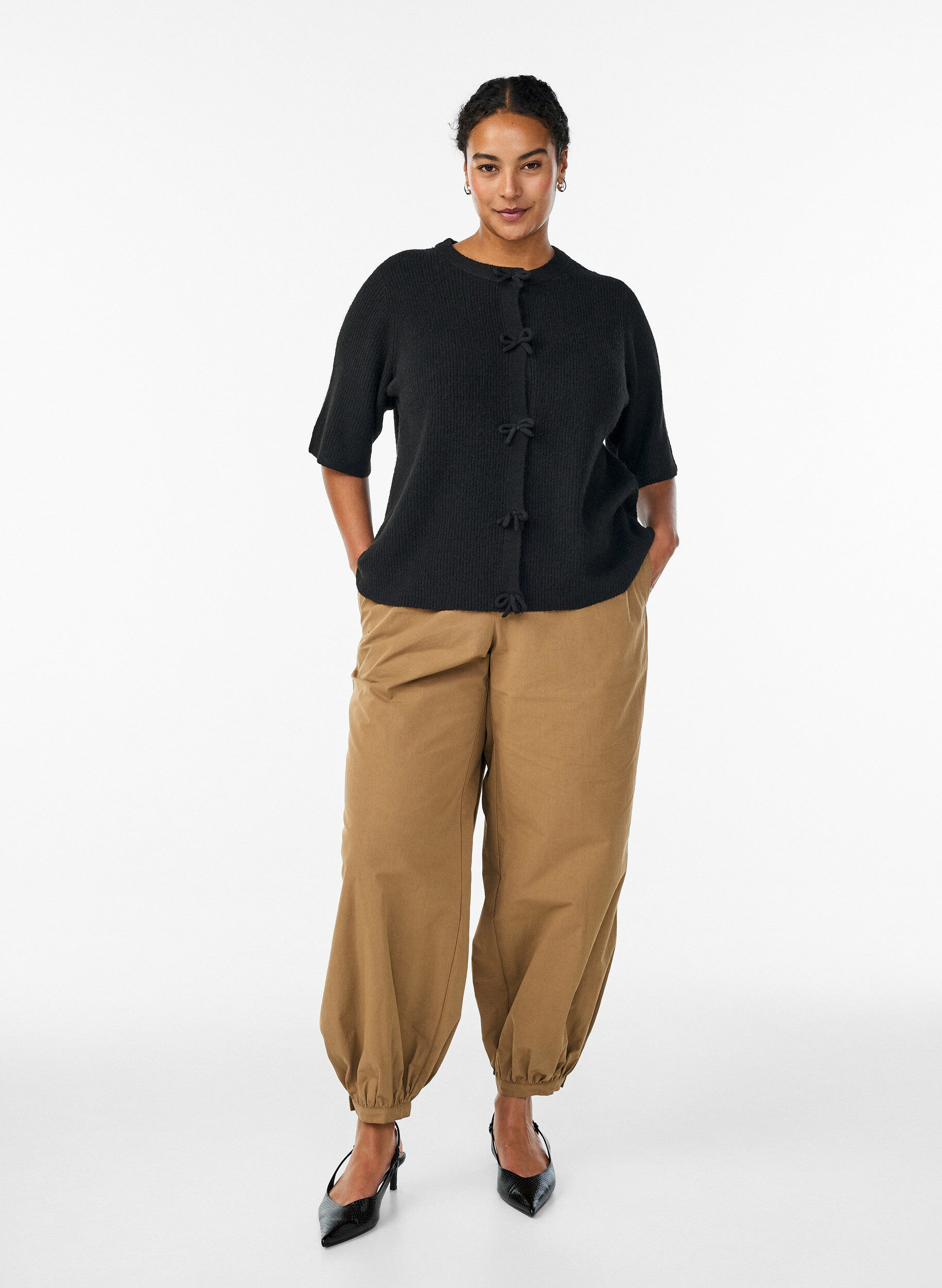 ZizziGebreid vest met korte mouwen en strikjes, Zwart, Model image number 1