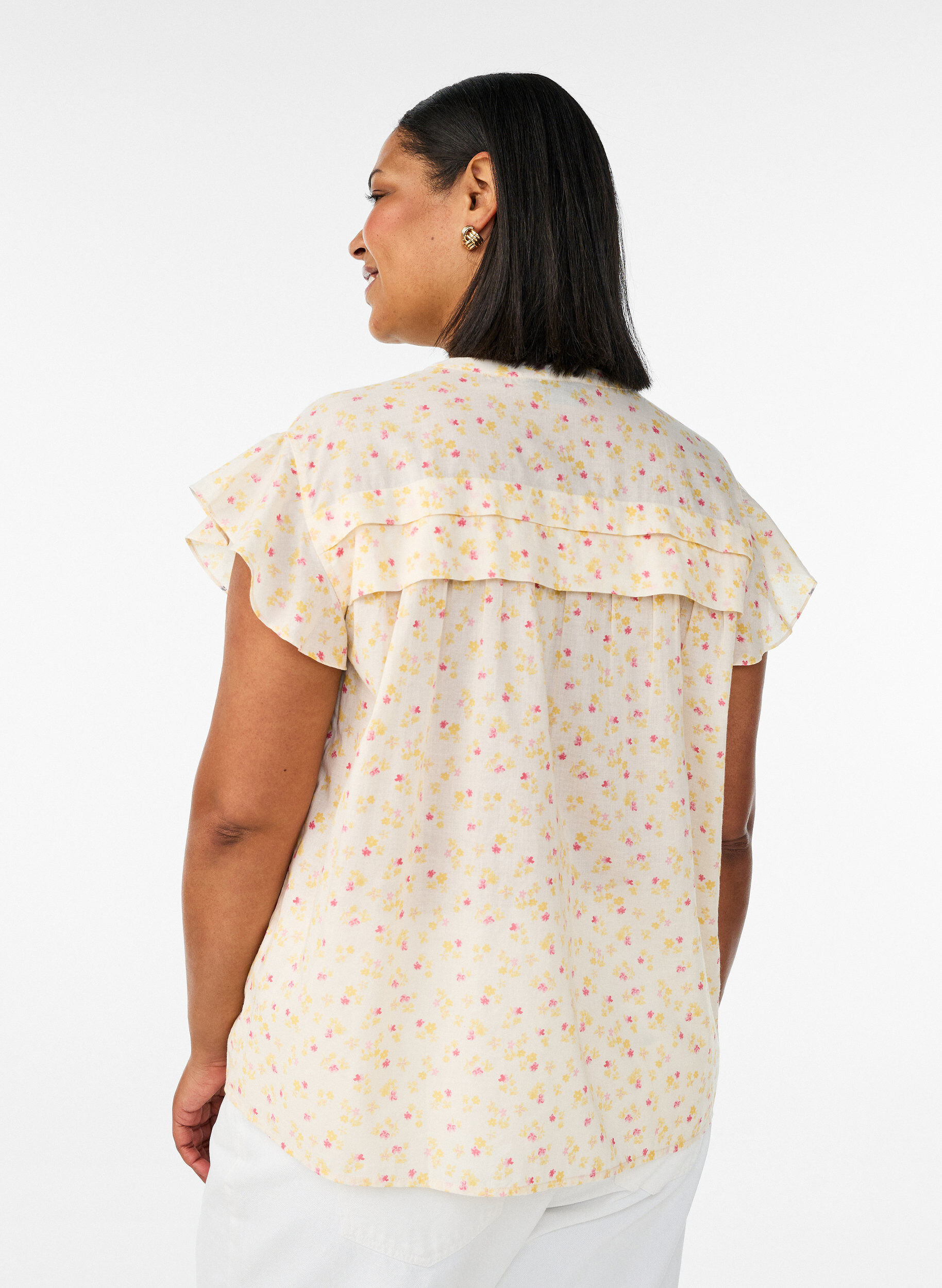 ZizziMouwloze A-lijn katoenen blouseshirt, Geel, Model image number 2