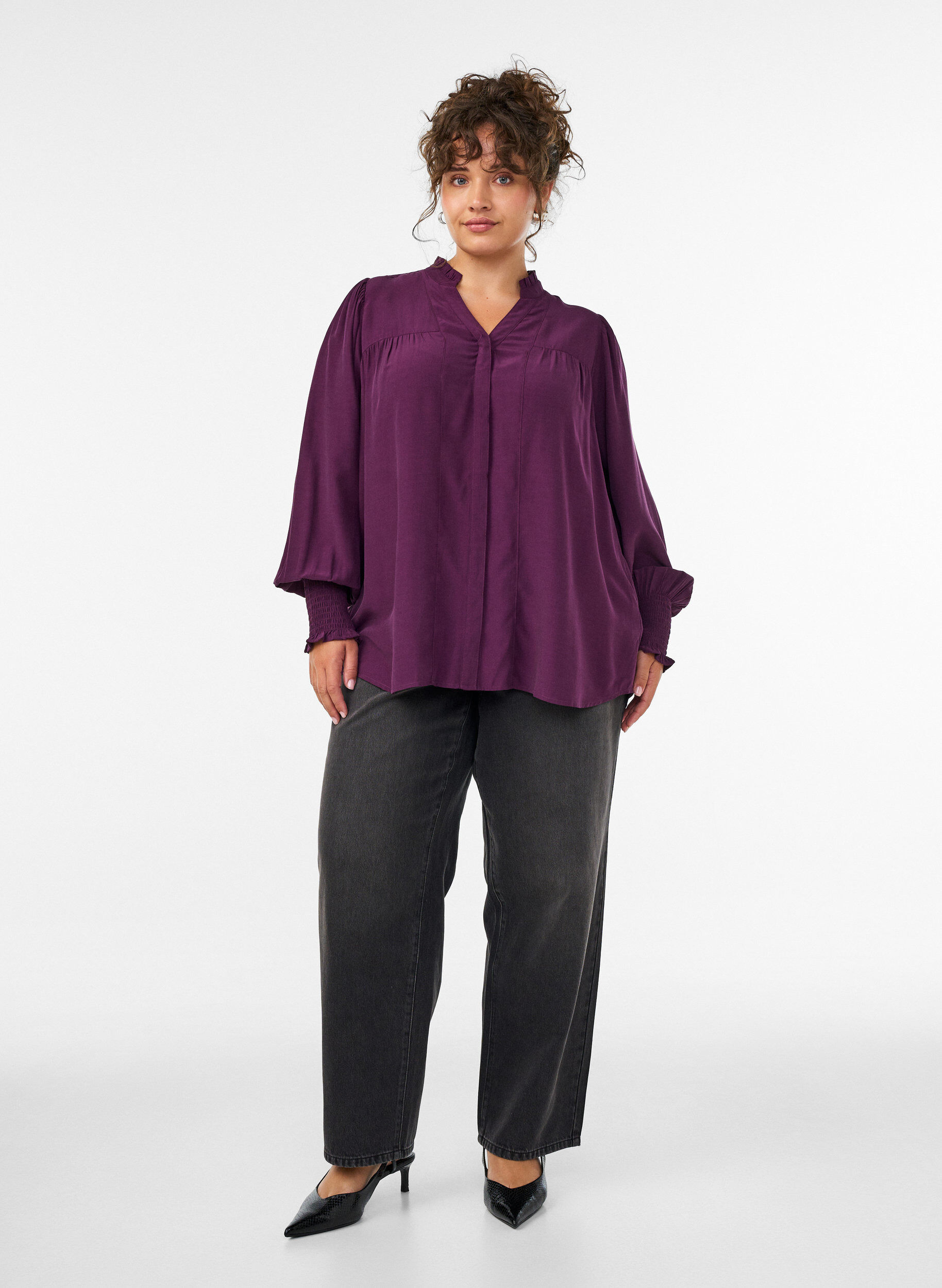 ZizziBlouse met ruches kraag en plooien, Paars, Model image number 1