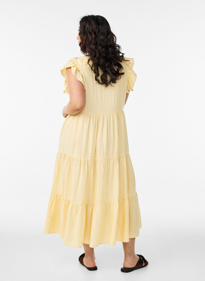 Robe midi sans manches en lin et viscose avec volants, Jaune clair, Model image number 1