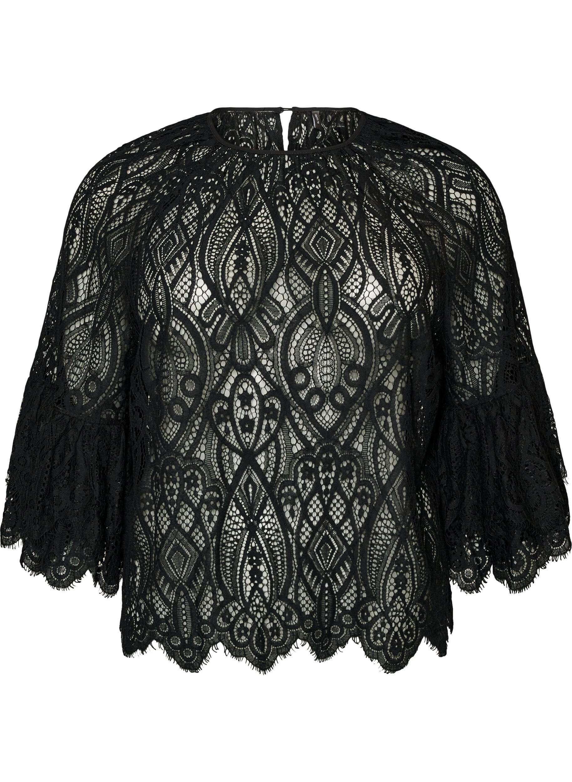 Kanten blouse met lange trompetmouwen en ruches