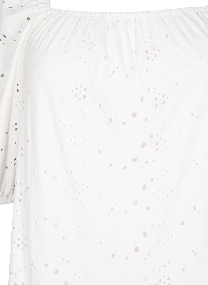 Blouse met korte pofmouwen en een opengewerkt patroon, Bright White, Packshot