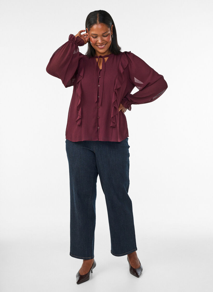Transparante blouse met ruches en striksluiting, Rood, Model image number 1