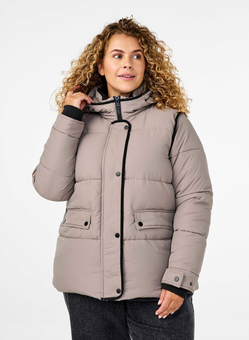 Korte puffer jas met contrastdetails, Beige, Model image number 0