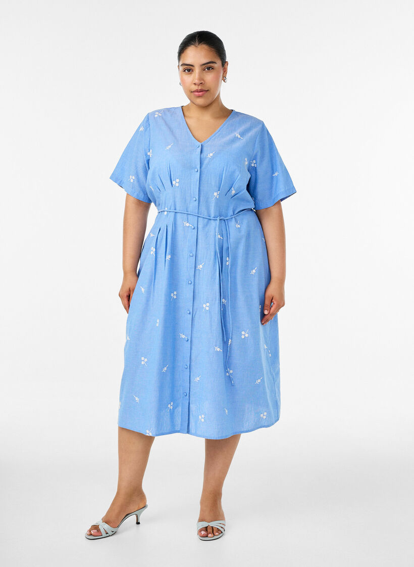 Katoenen overhemdjurk met geborduurde bloemen, Blauw, Model image number 0