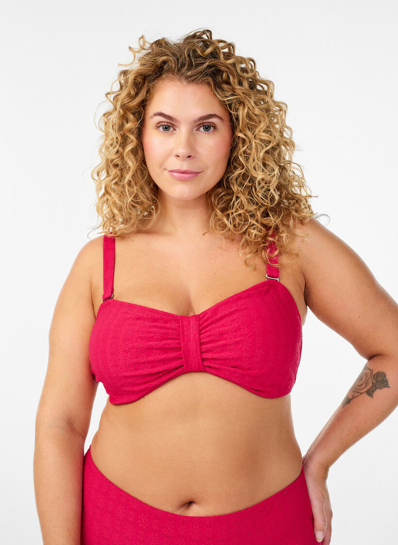 Bandeau bikinitop met een textuurpatroon en afneembare bandjes, Roze, Model image number 0