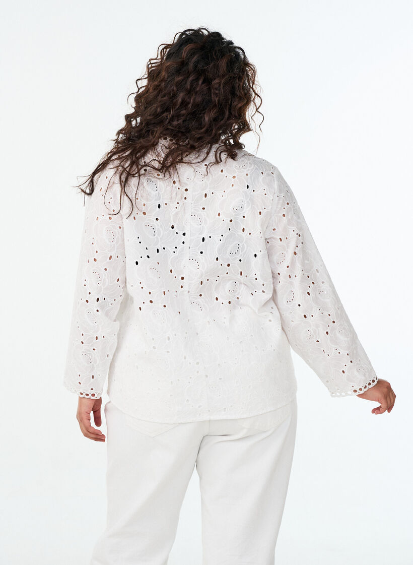 Blouse van katoen met lange mouwen en broderie anglaise, Wit, Model image number 2