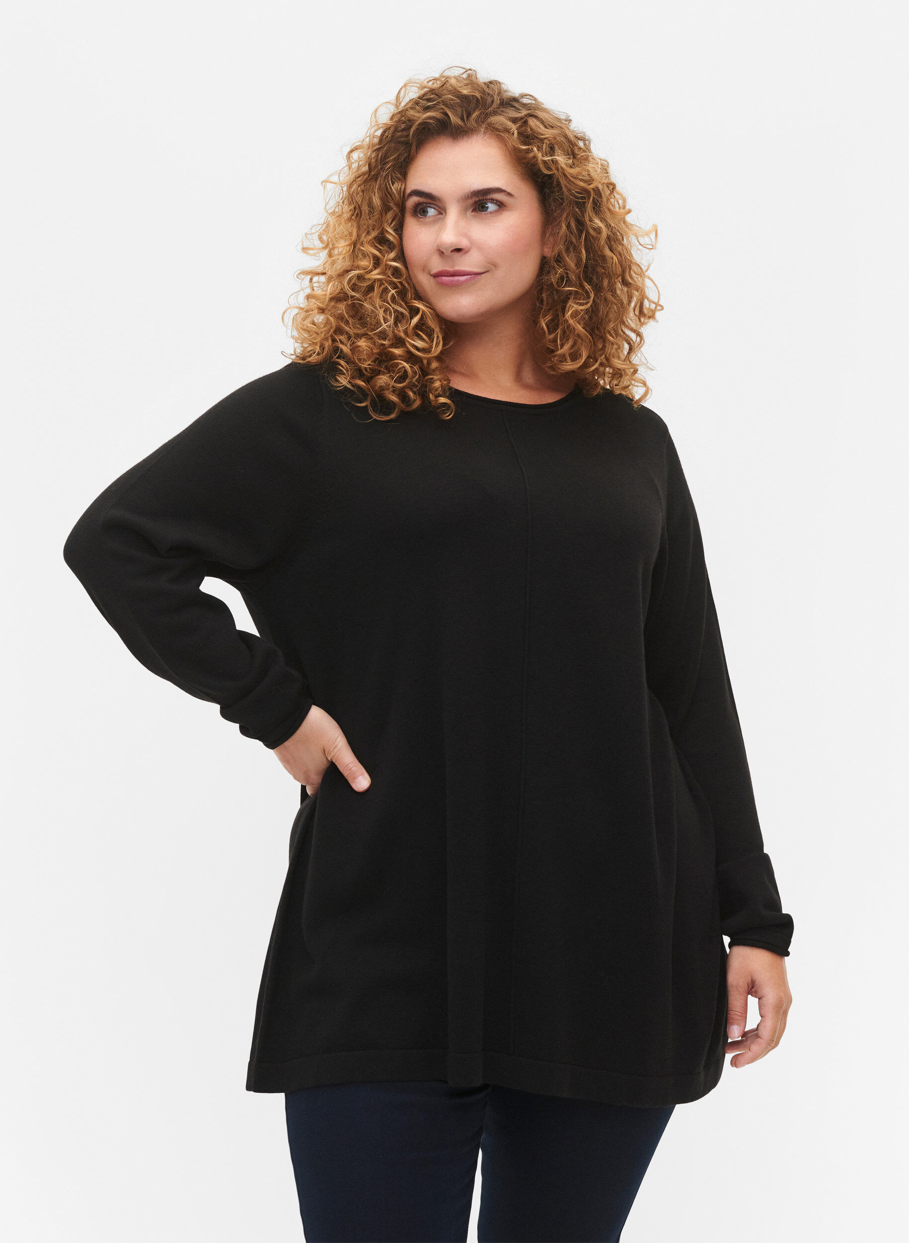ZizziGebreide blouse gemaakt van katoen en viscose., Zwart, Model image number 0